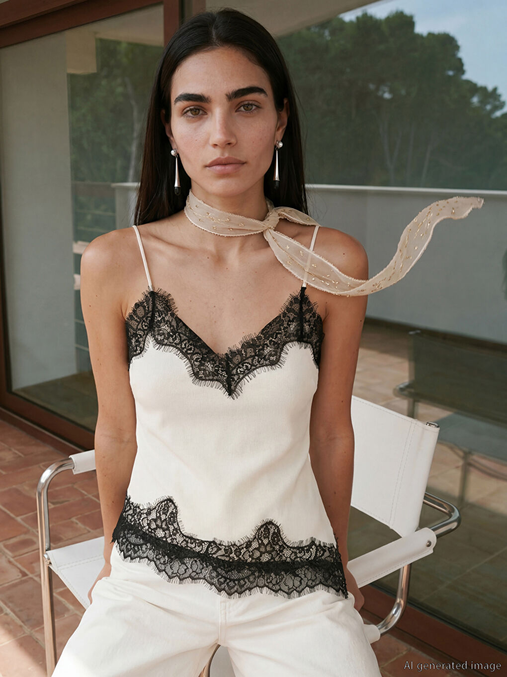 Ženska top majica sa bretelama i čipkom, V izrez