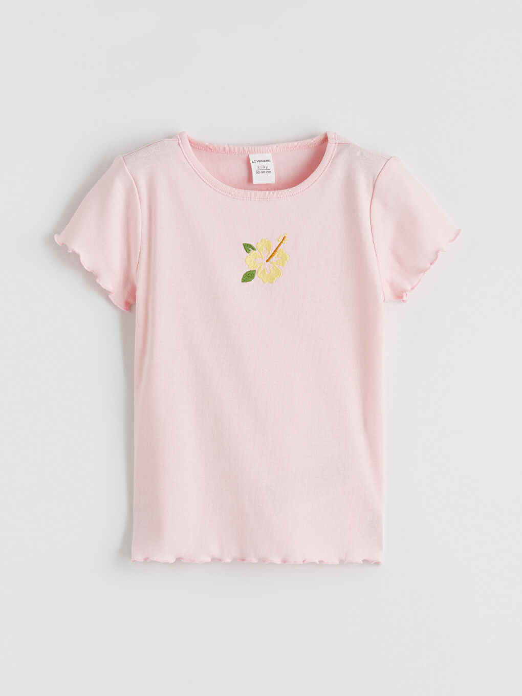 Pembe Bisiklet Yaka Nakışlı Fırfırlı Kız Çocuk Tişört