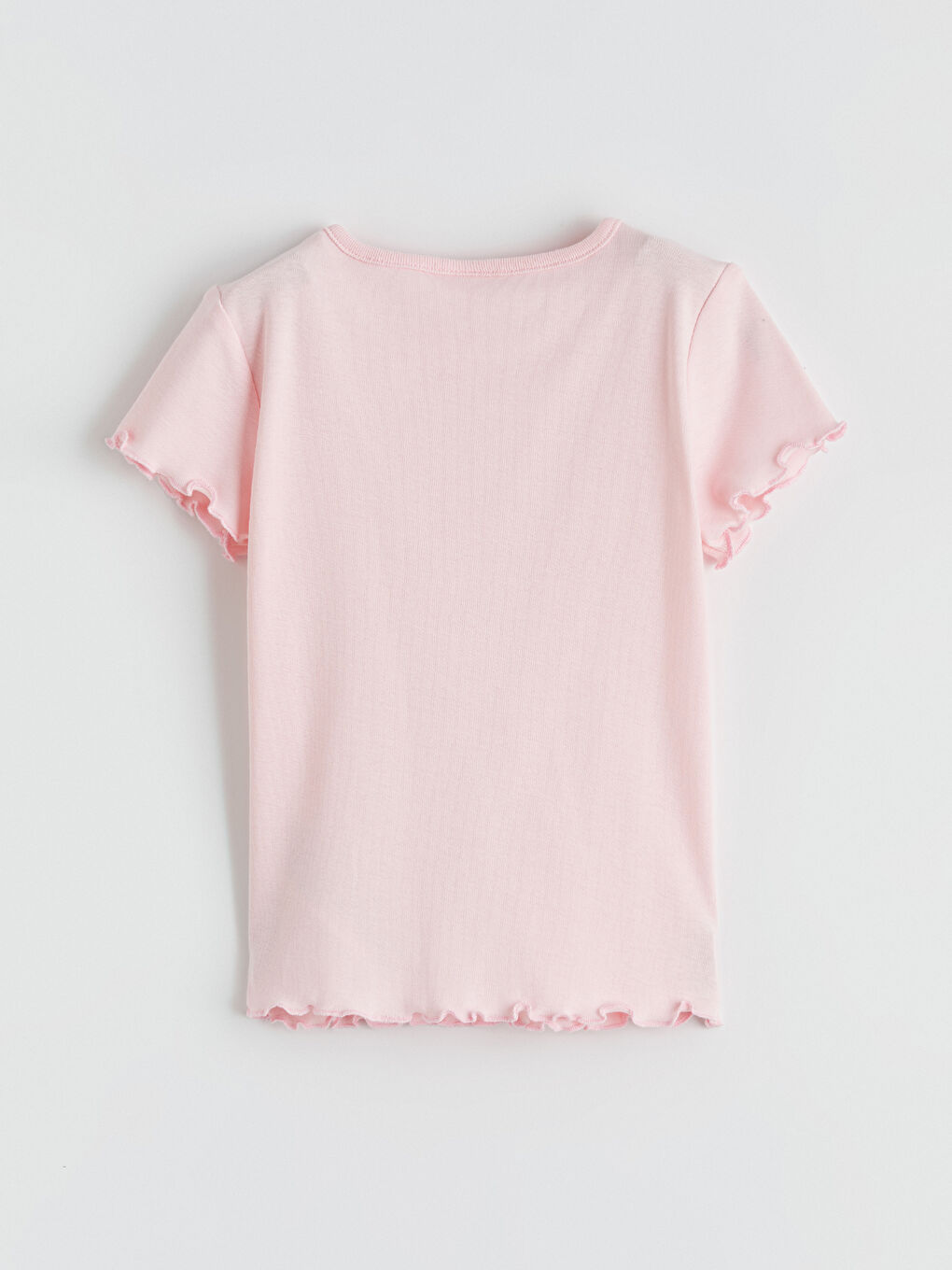 Pembe Bisiklet Yaka Nakışlı Fırfırlı Kız Çocuk Tişört-1