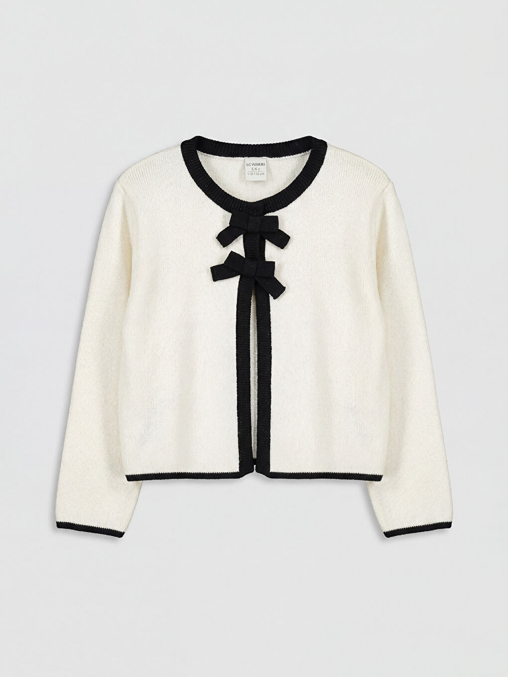 Ekru Bisiklet Yaka Fiyonklu Kız Çocuk Triko Hırka