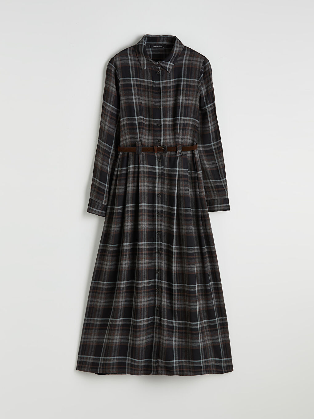 Siyah Beli Kemerli Ekose Gömlek Elbise