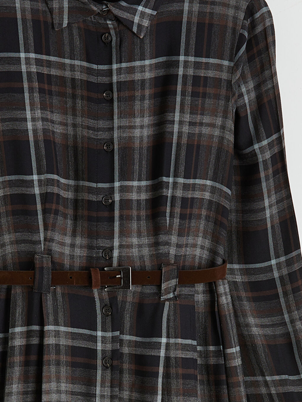 Siyah Beli Kemerli Ekose Gömlek Elbise-2