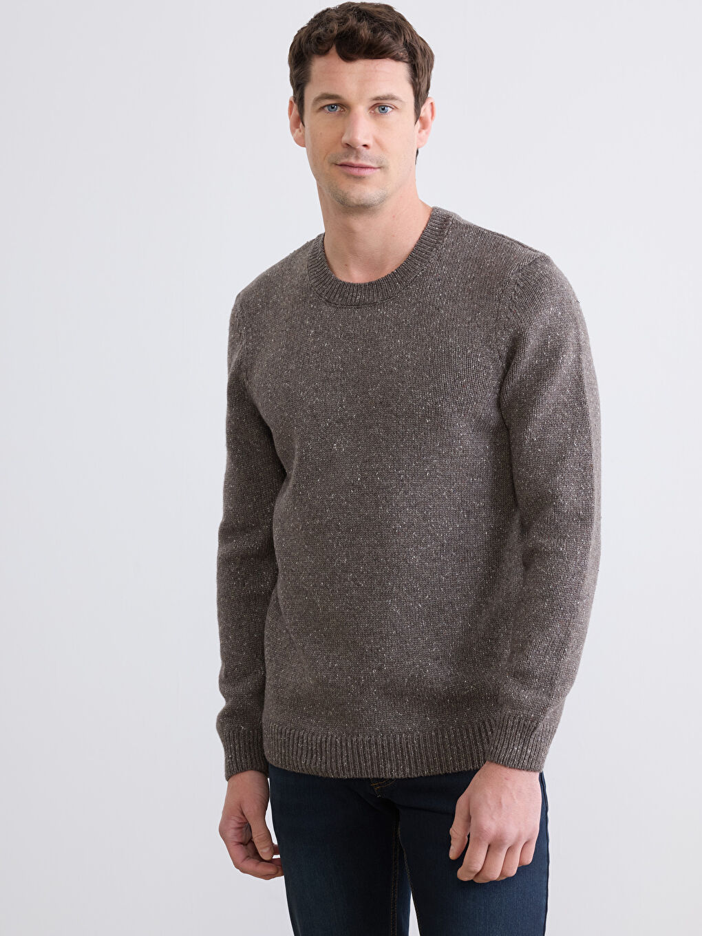 Kahverengi Bisiklet Yaka Yün Karışımlı Erkek Triko Kazak