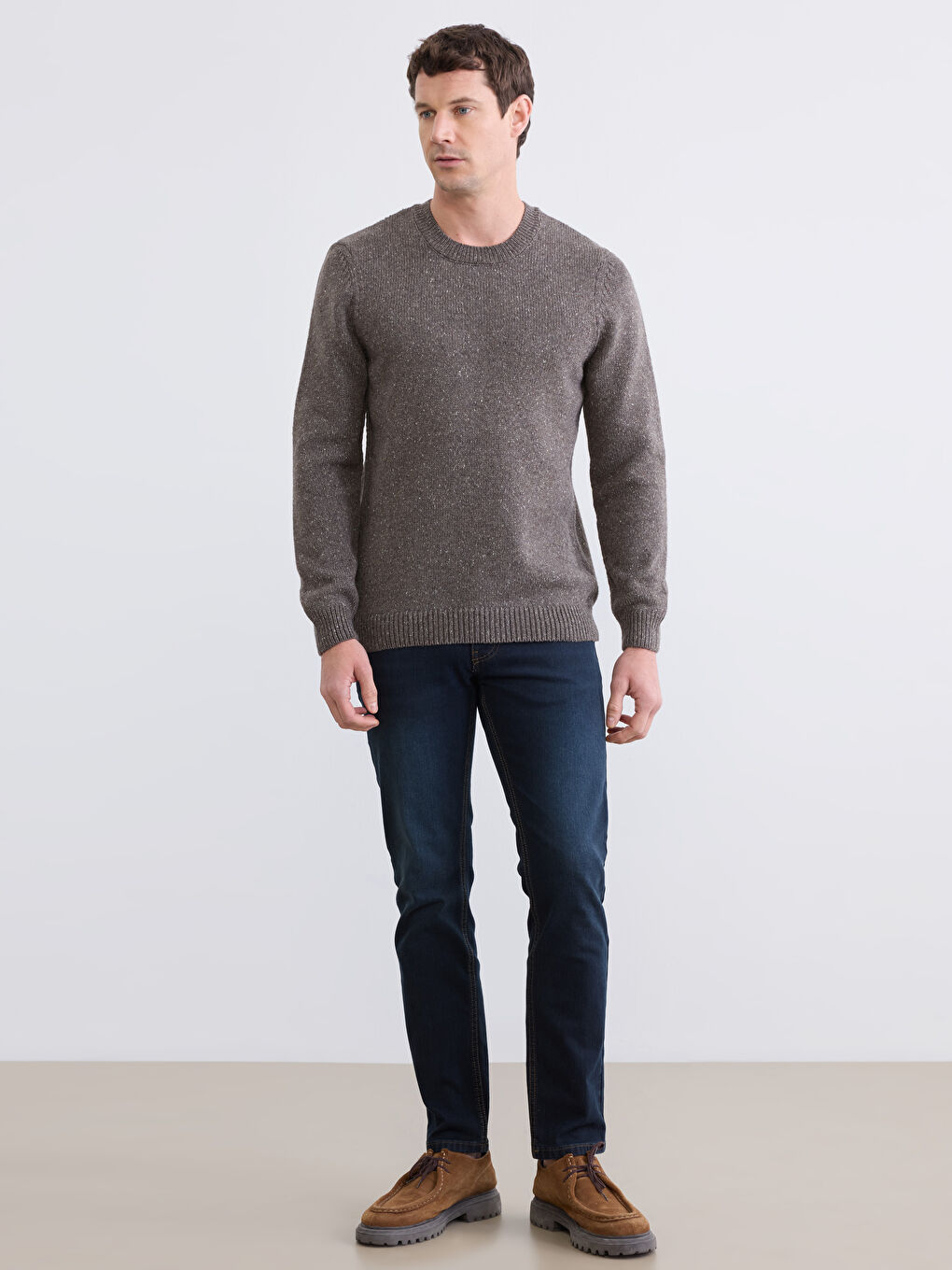 Kahverengi Bisiklet Yaka Yün Karışımlı Erkek Triko Kazak-1