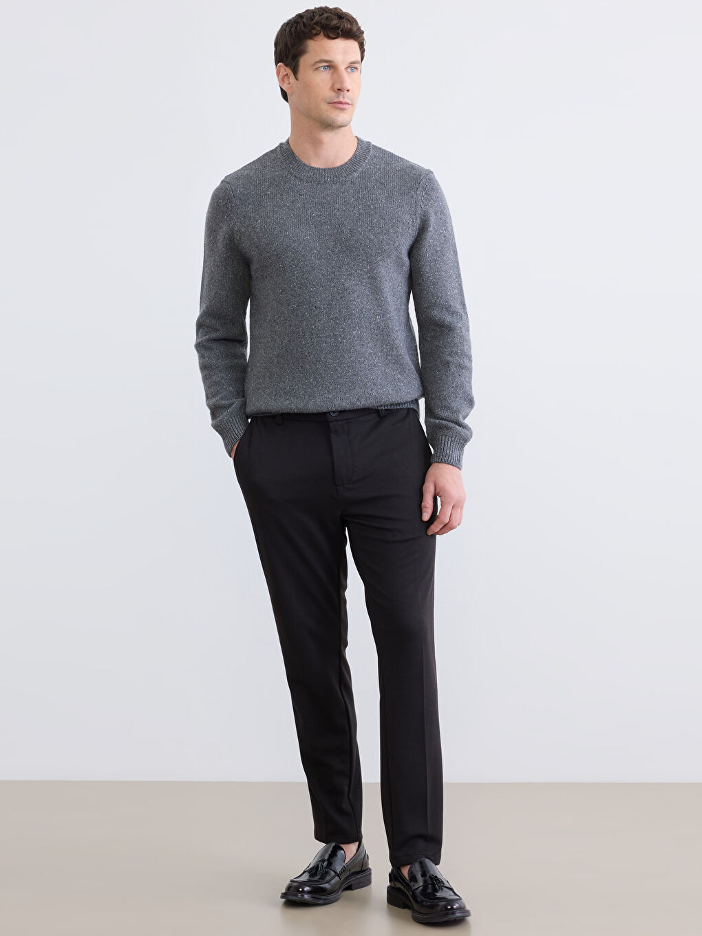 Gri Bisiklet Yaka Yün Karışımlı Erkek Triko Kazak-1