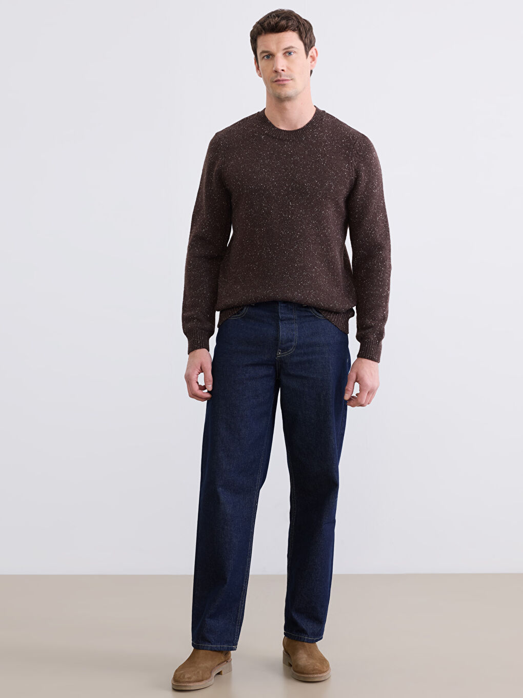 Kahverengi Bisiklet Yaka Yün Karışımlı Erkek Triko Kazak-1