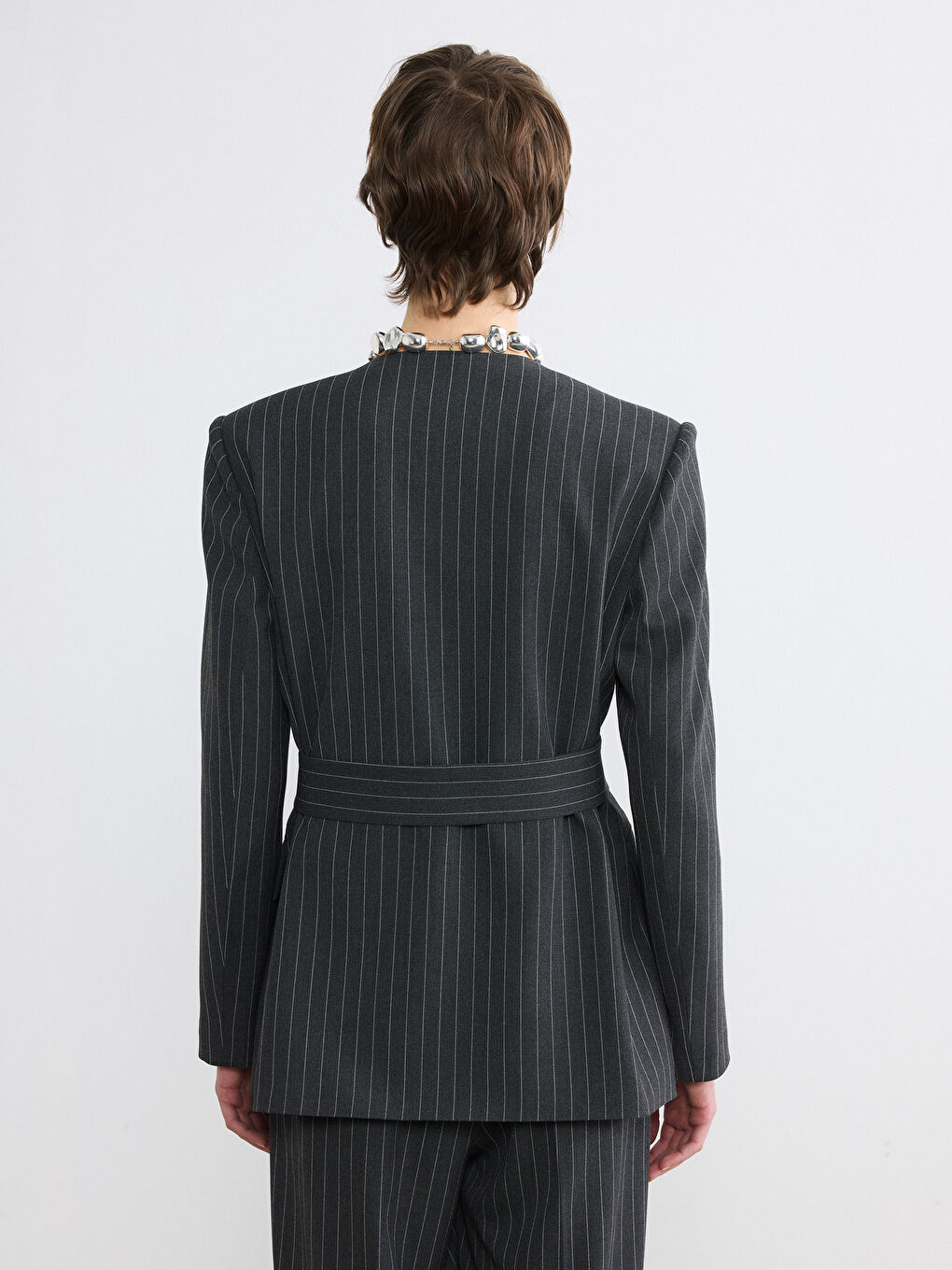 Gri Bisiklet Yaka Çizgili Kemerli Kadın Blazer Ceket-3