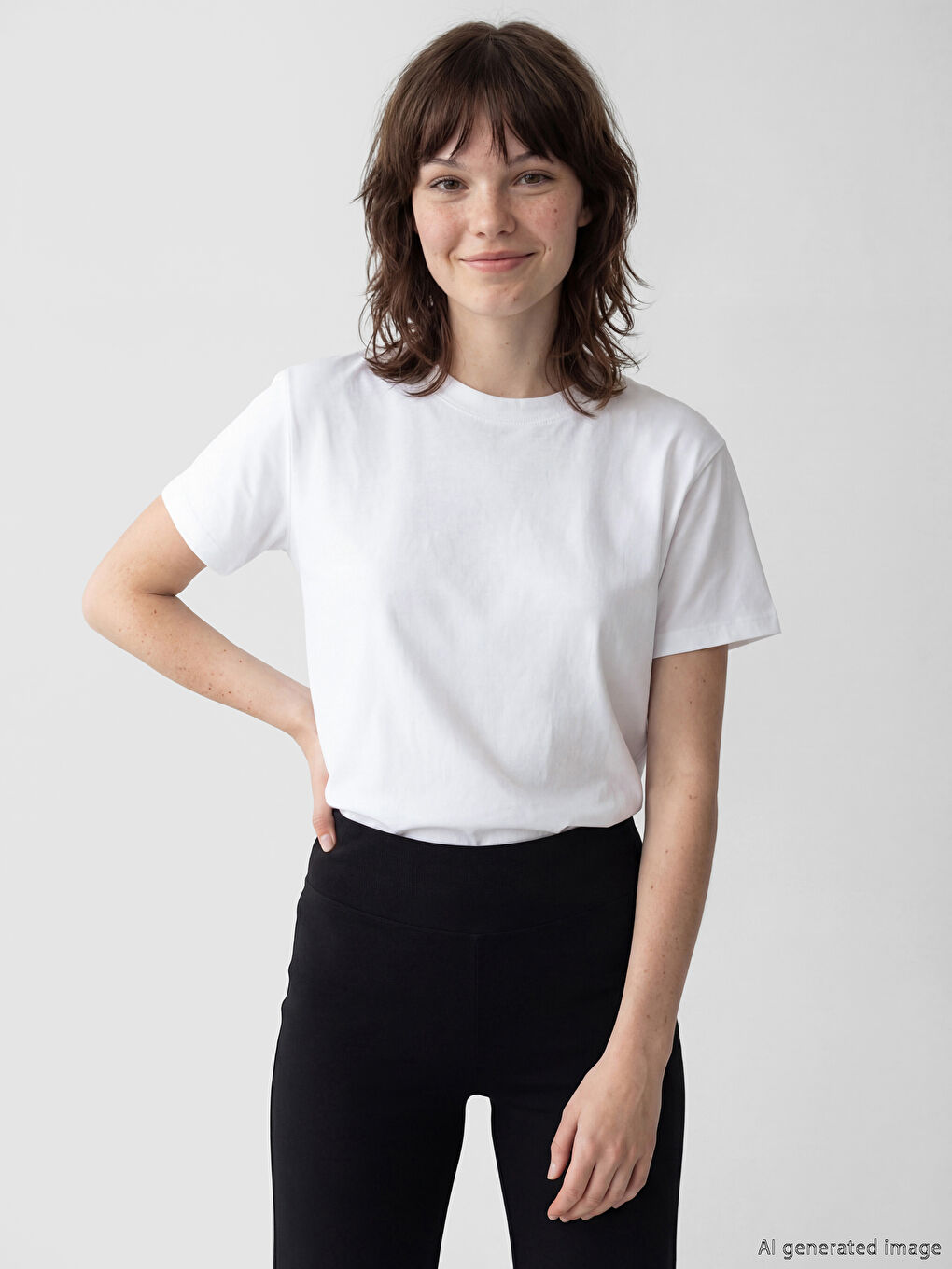 Beyaz Bisiklet Yaka Kadın Tişört