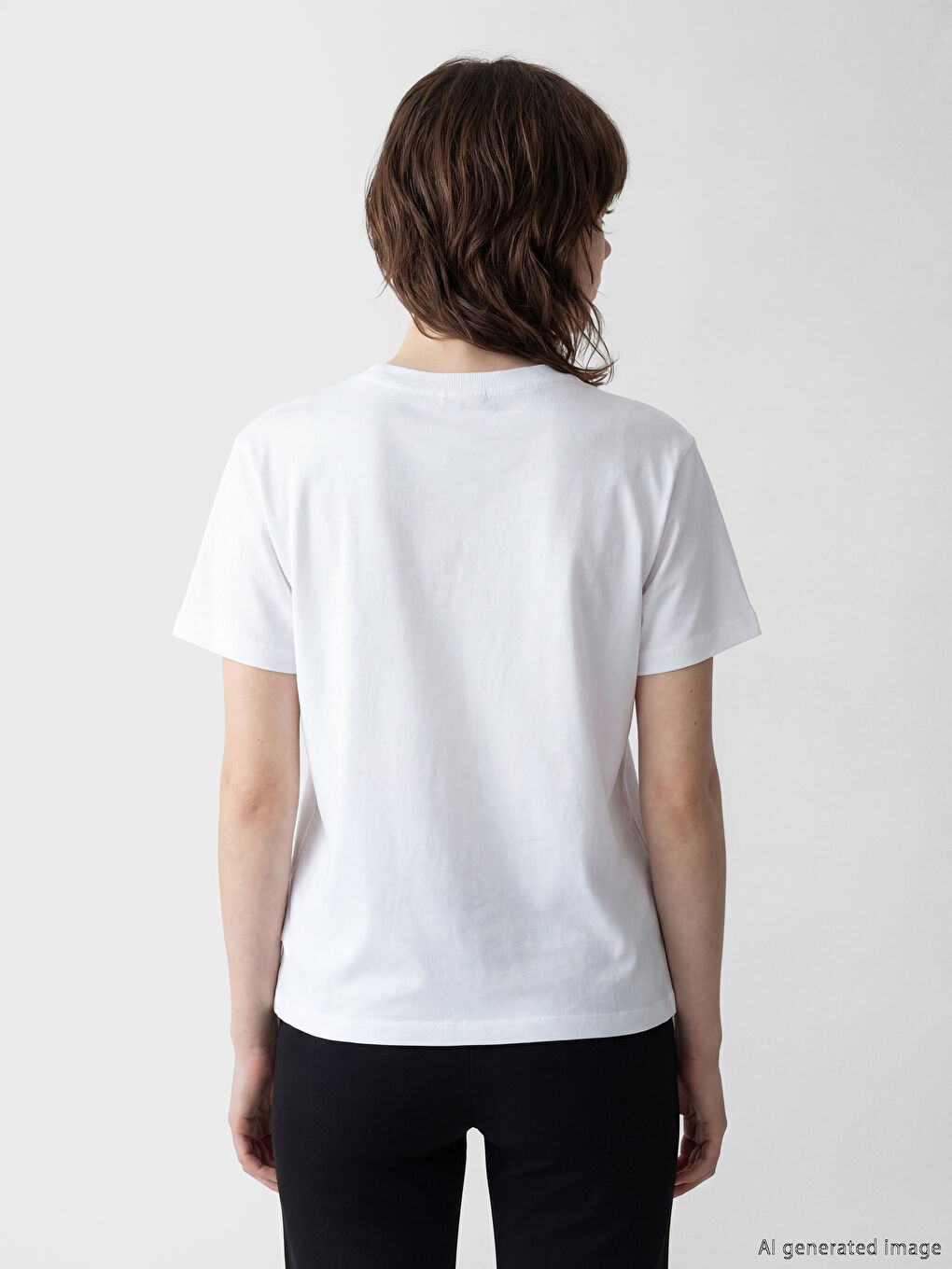 Beyaz Bisiklet Yaka Kadın Tişört-2