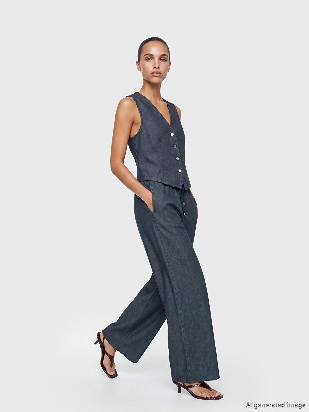 Lacivert Beli Lastikli Wideleg Fit Kadın Jean Pantolon