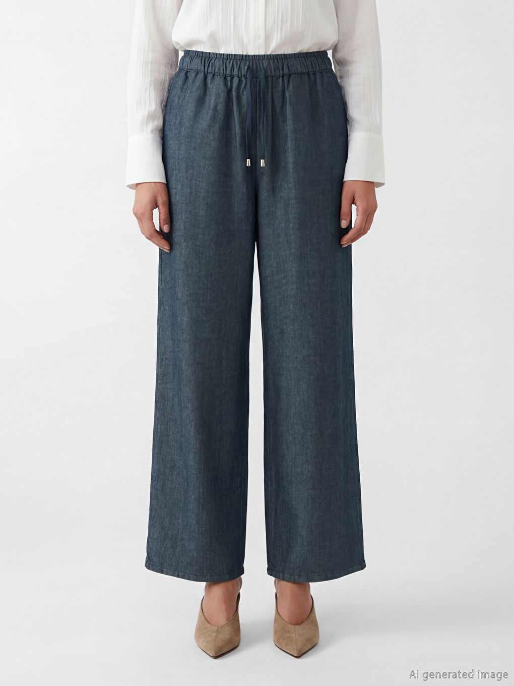 Lacivert Beli Lastikli Wideleg Fit Kadın Jean Pantolon-1