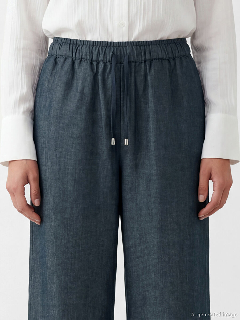 Lacivert Beli Lastikli Wideleg Fit Kadın Jean Pantolon-2