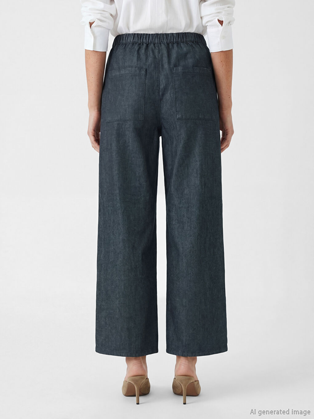 Lacivert Beli Lastikli Wideleg Fit Kadın Jean Pantolon-3