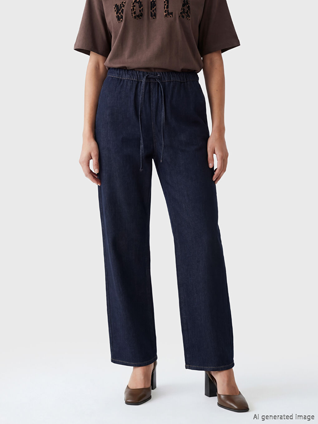 Lacivert Beli Lastikli Wideleg Kadın Jean Pantolon-1