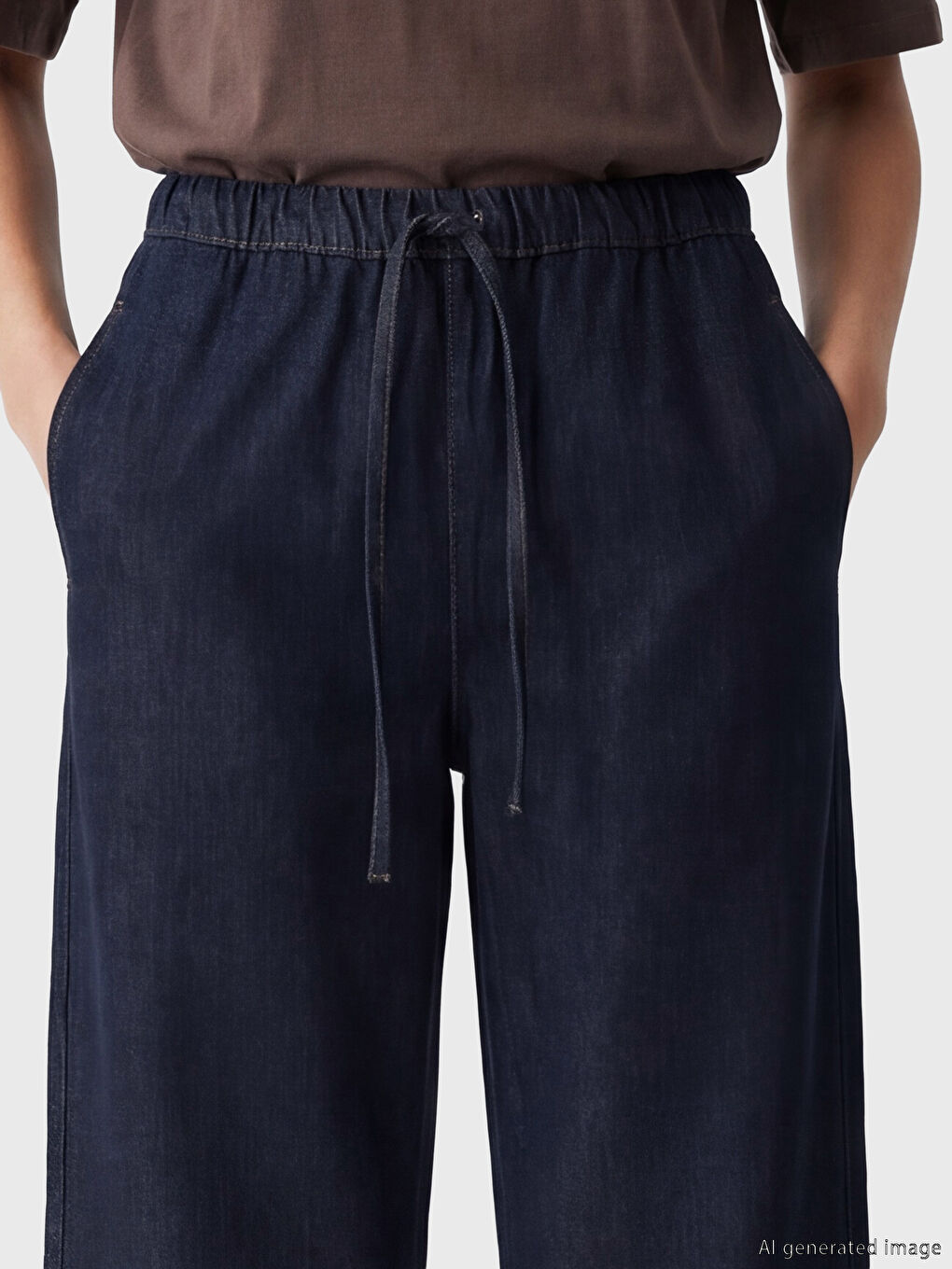 Lacivert Beli Lastikli Wideleg Kadın Jean Pantolon-2