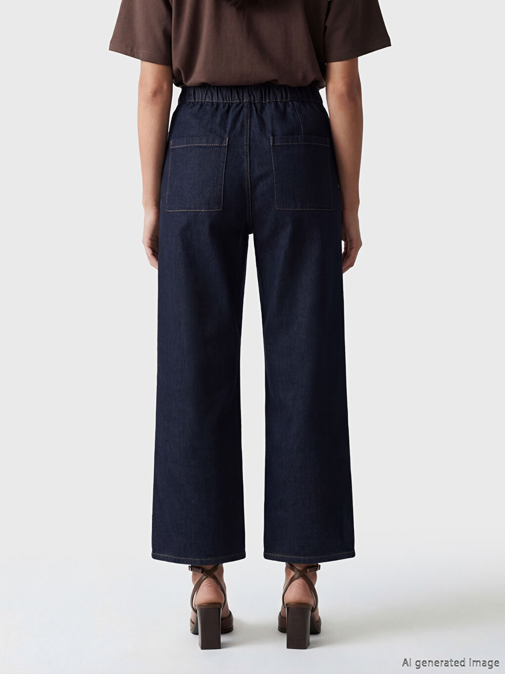 Lacivert Beli Lastikli Wideleg Kadın Jean Pantolon-3