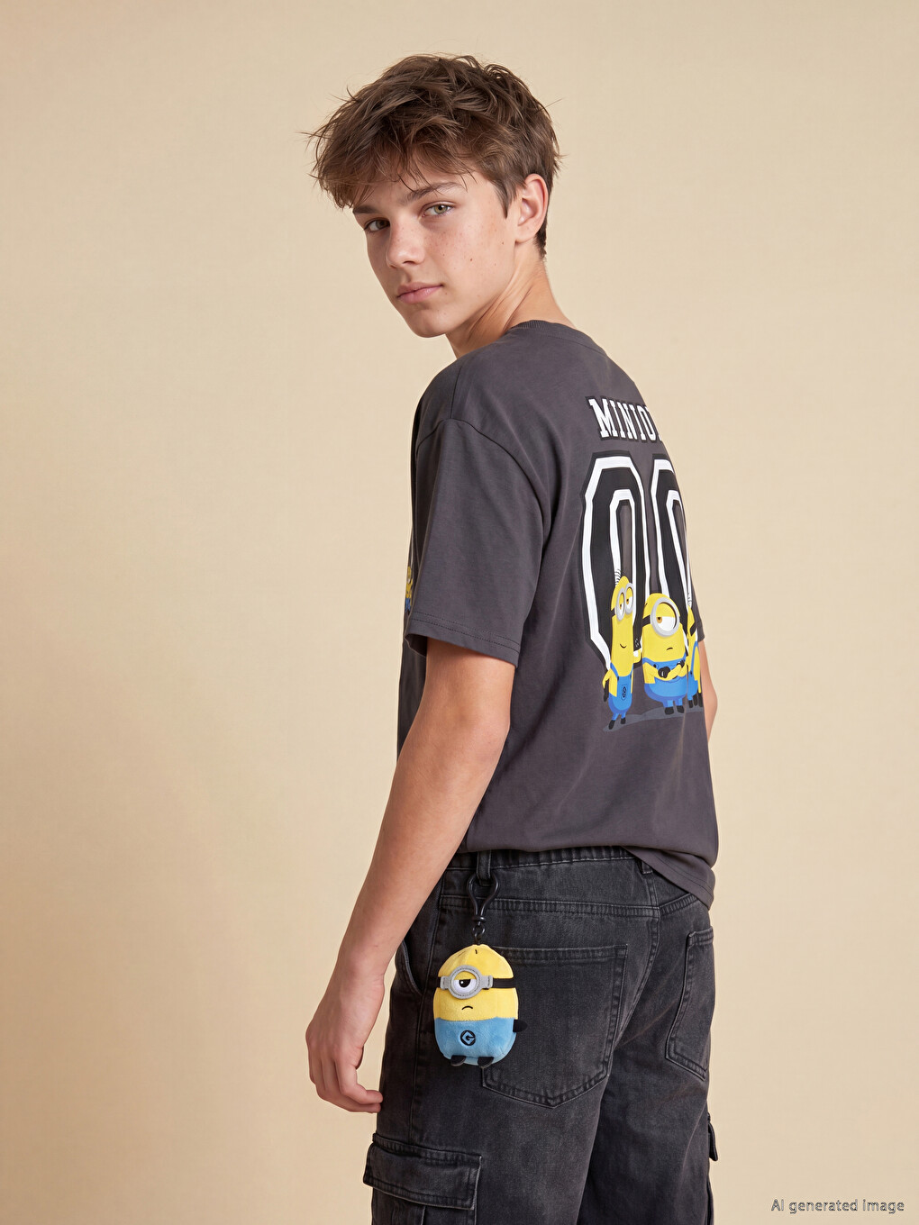 Antrasit Bisiklet Yaka Minions Baskılı Erkek Çocuk Tişört-1