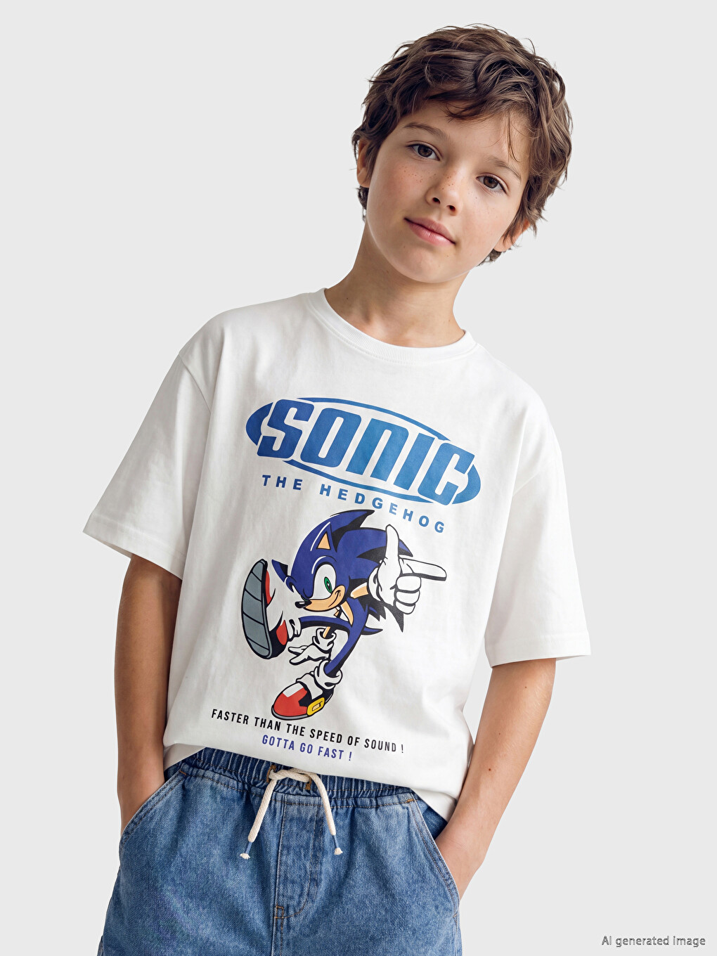 Crew Neck Sonic Printed Boys' T-shirt