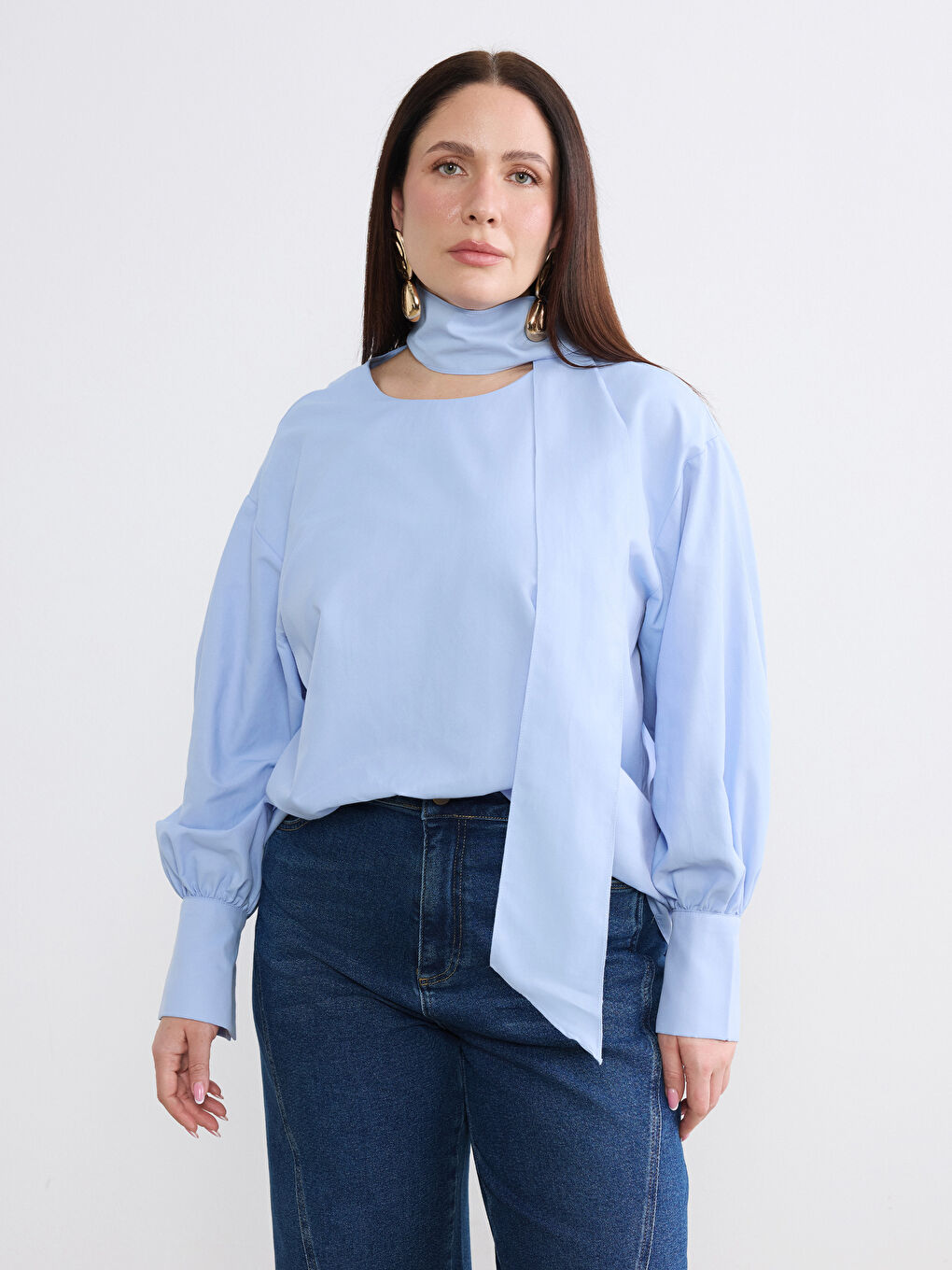 Mavi Bağlamalı Yaka Büzgülü Bluz-1