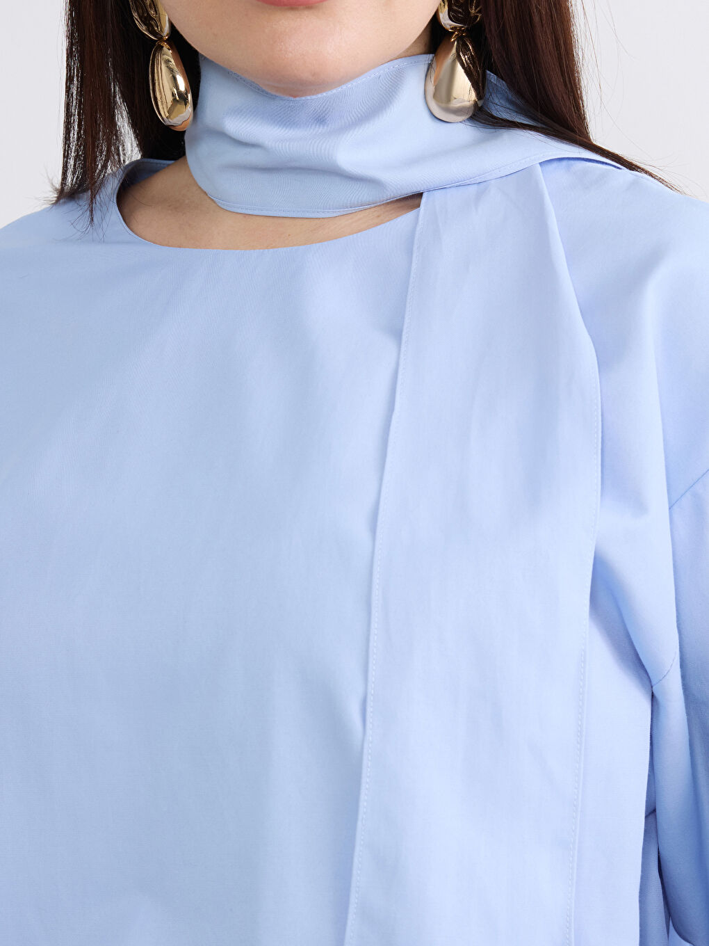 Mavi Bağlamalı Yaka Büzgülü Bluz-6