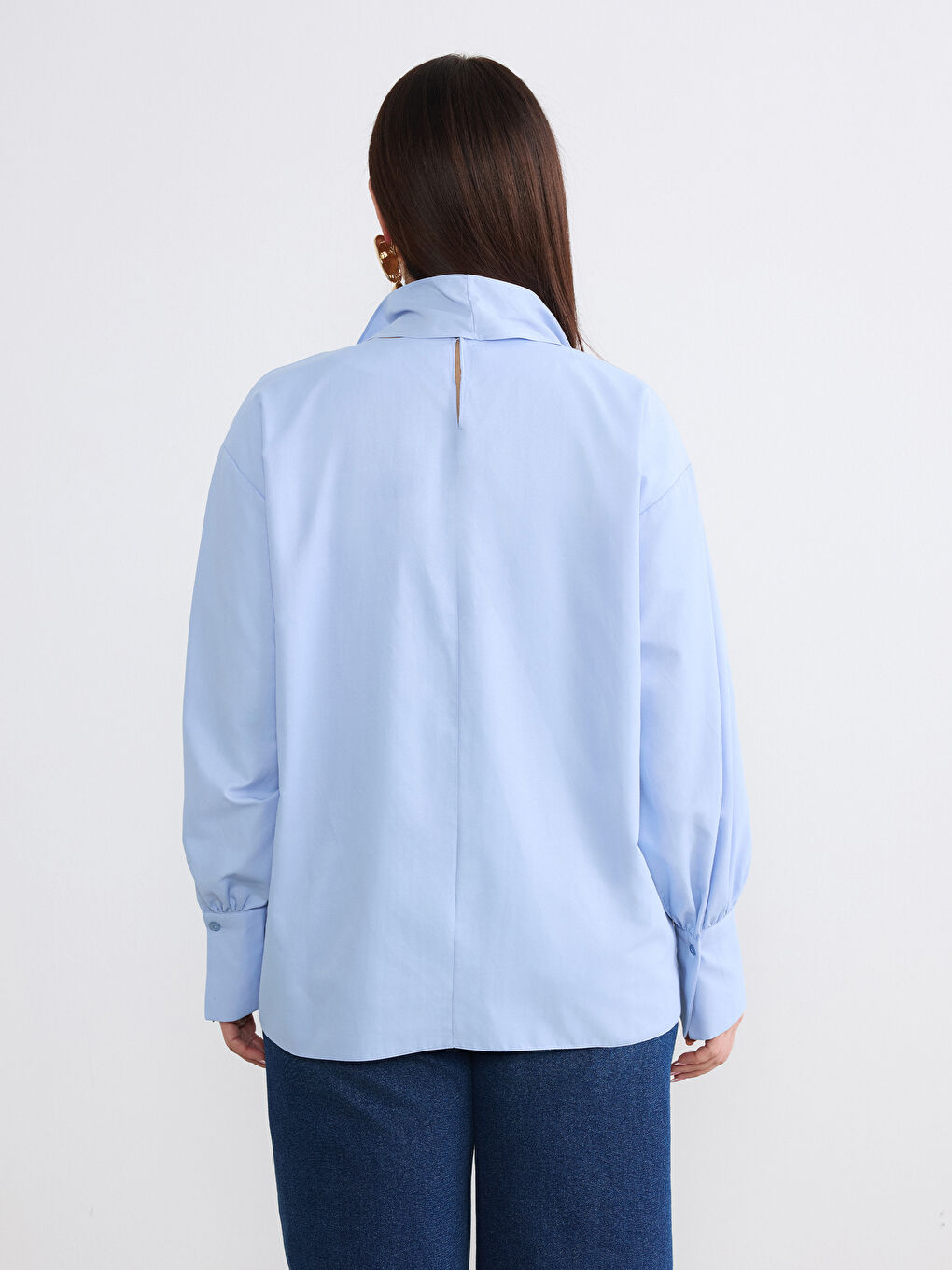 Mavi Bağlamalı Yaka Büzgülü Bluz-7