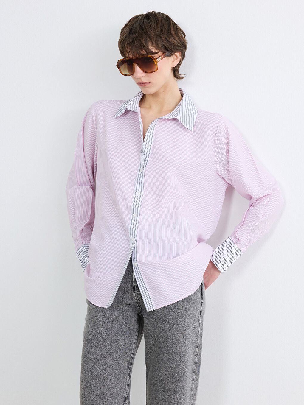 Pembe Çizgili Oversize Kadın Gömlek