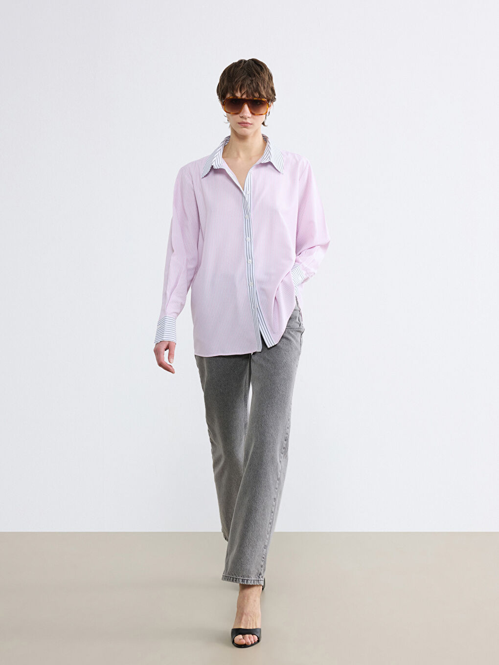 Pembe Çizgili Oversize Kadın Gömlek-1