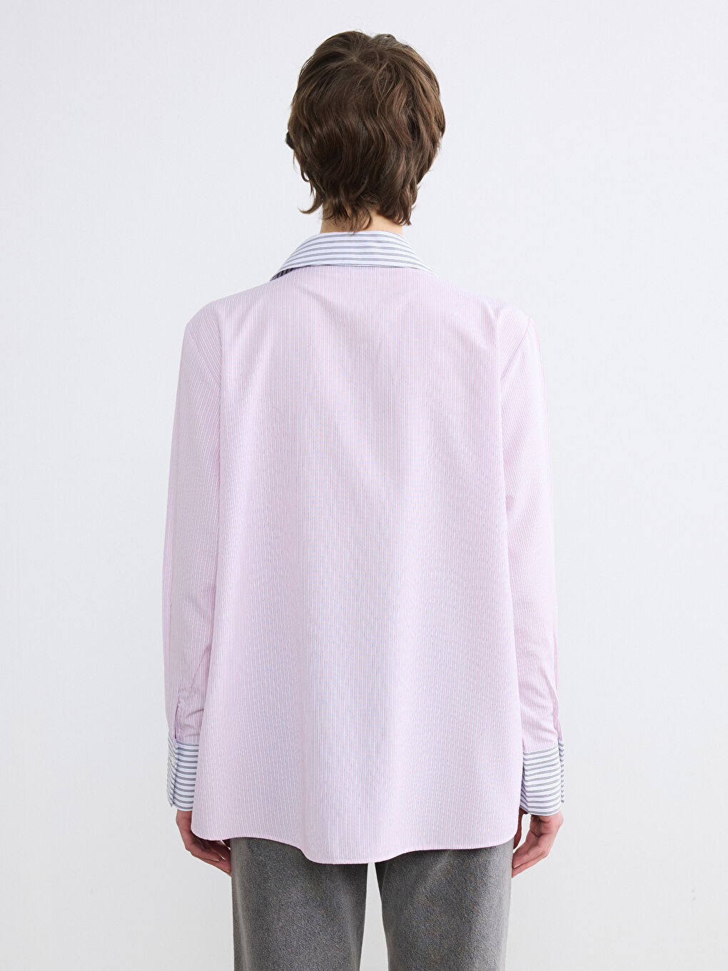 Pembe Çizgili Oversize Kadın Gömlek-3