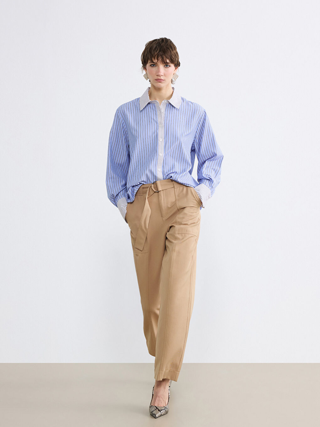 Mavi Çizgili Oversize Kadın Gömlek-1