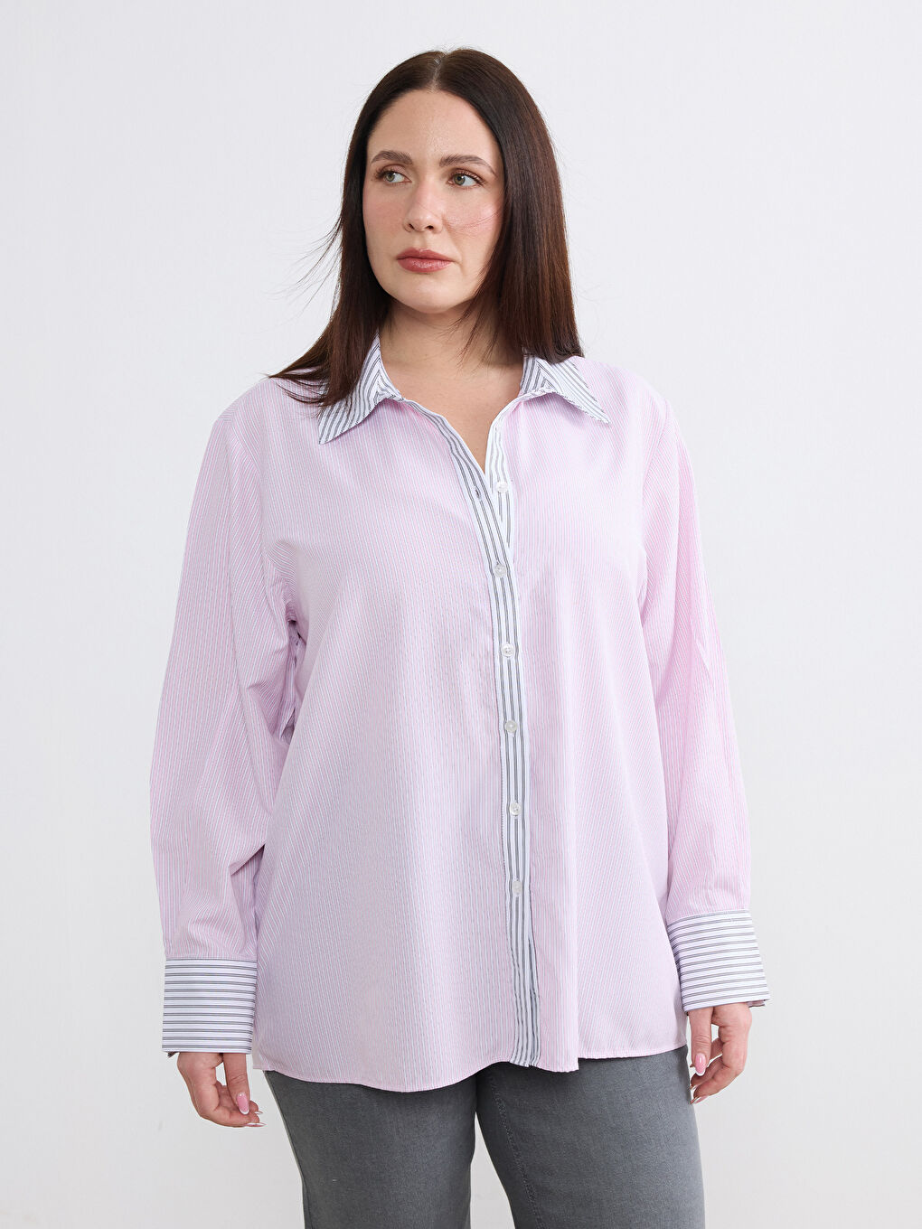 Pembe Çizgili Oversize Kadın Gömlek-1