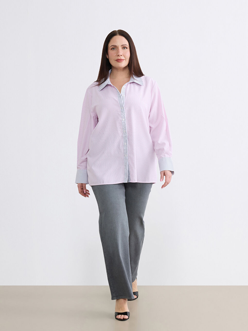 Pembe Çizgili Oversize Kadın Gömlek-5