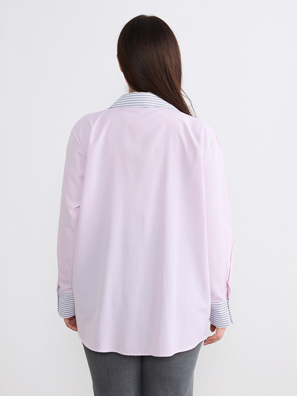 Pembe Çizgili Oversize Kadın Gömlek-7