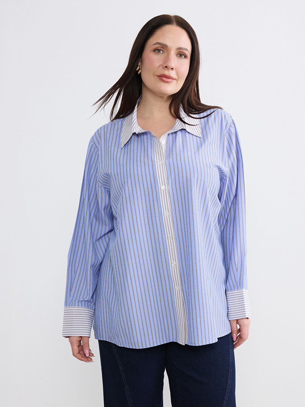 Mavi Çizgili Oversize Kadın Gömlek-1