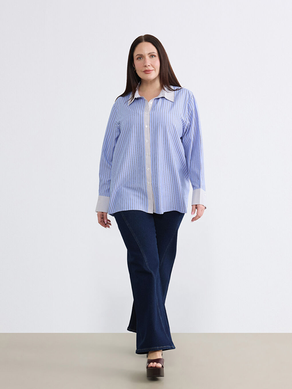 Mavi Çizgili Oversize Kadın Gömlek-5