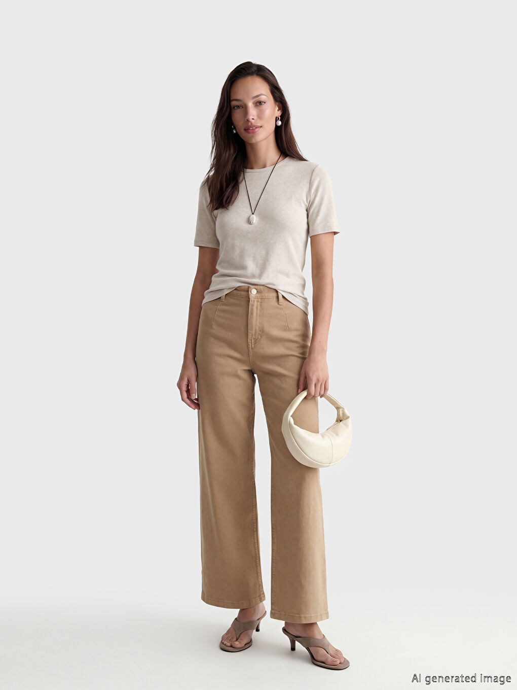 Bej Bisiklet Yaka Kadın Tişört-1