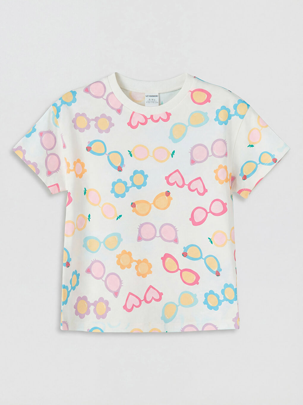 Ekru Bisiklet Yaka Desenli Kız Çocuk Tişört