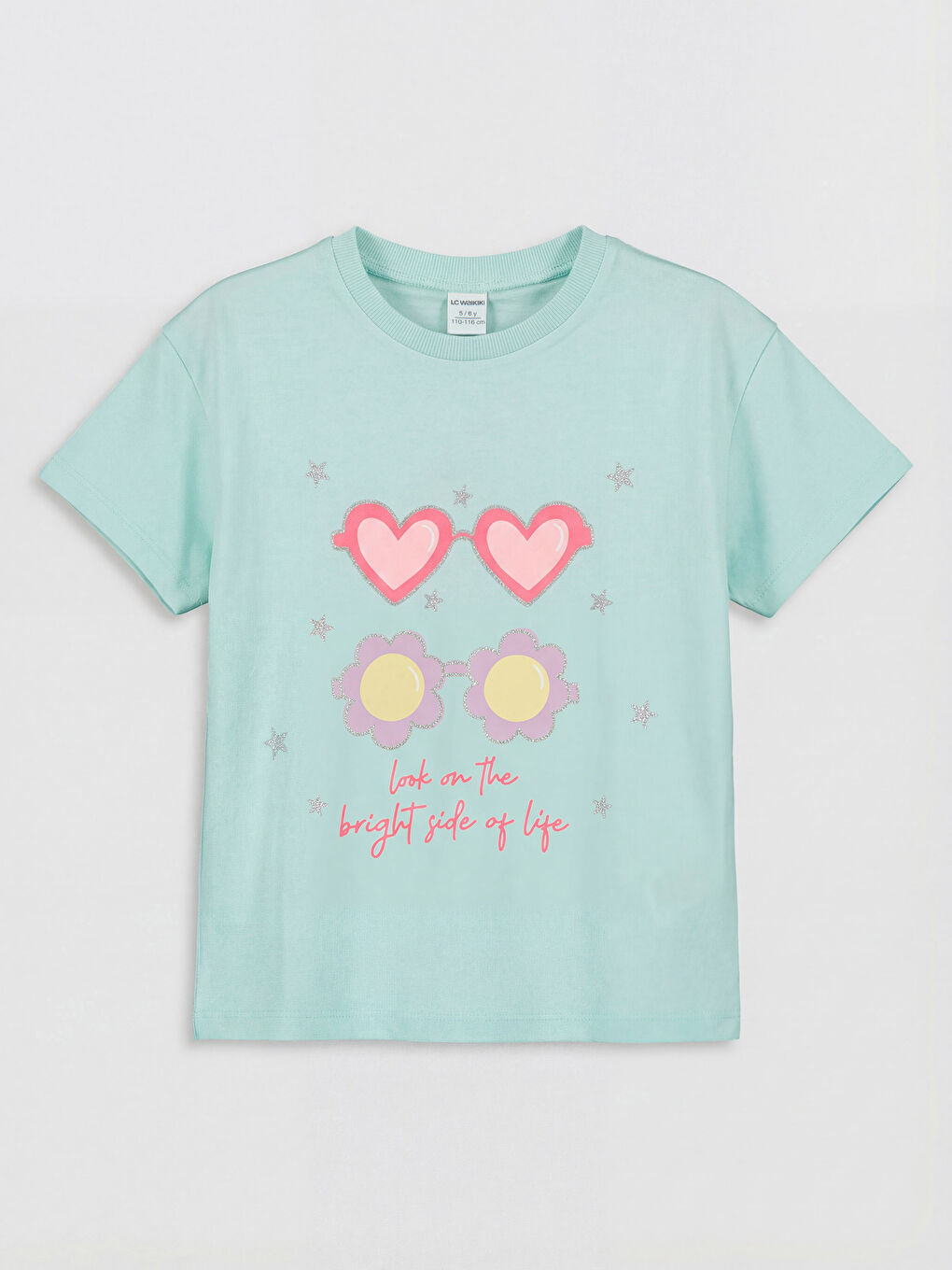 Turkuaz Bisiklet Yaka Baskılı Kız Çocuk 2'li Tişört-1