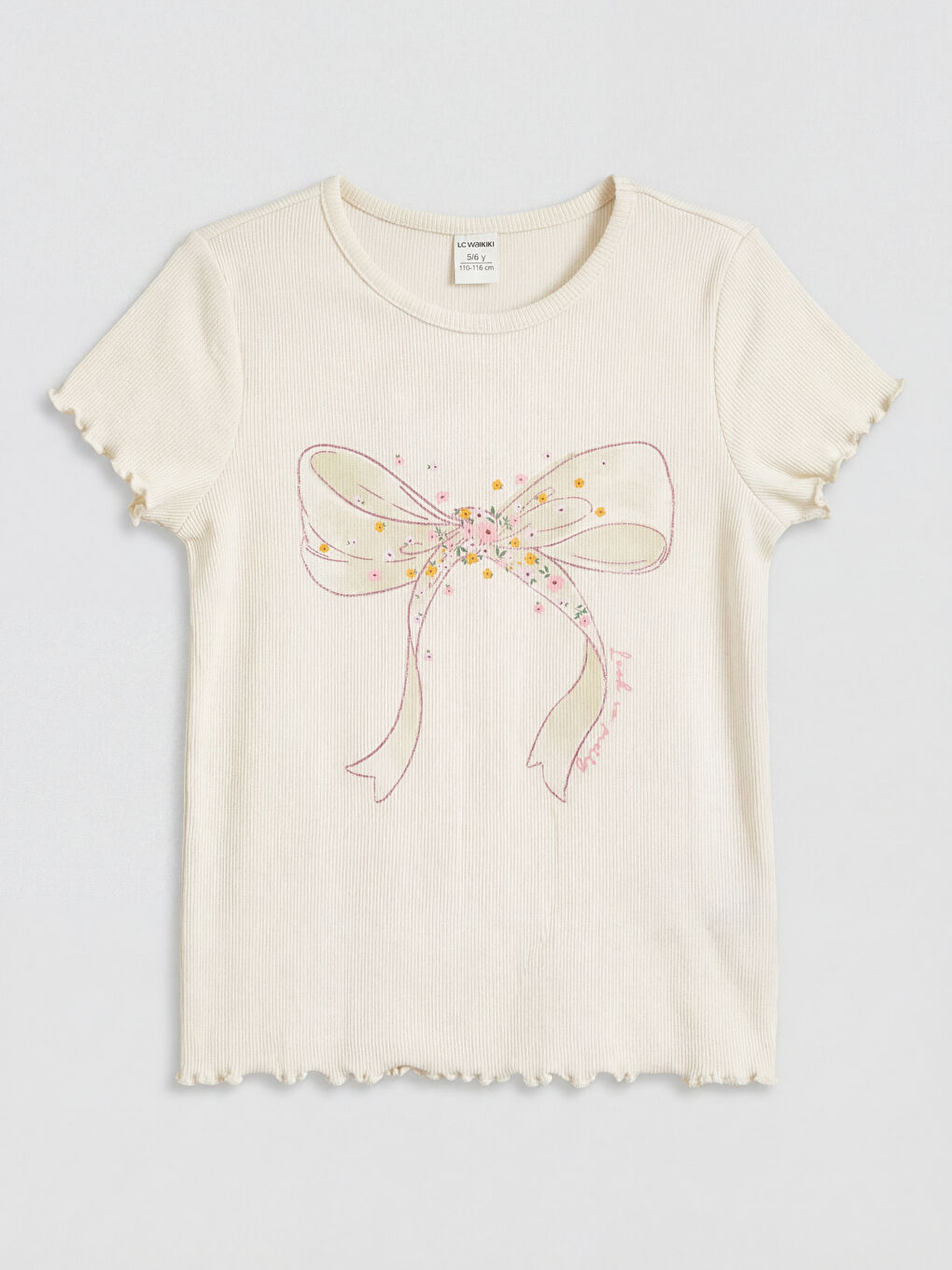 Ekru Bisiklet Yaka Baskılı Kız Çocuk 2'li Tişört-1