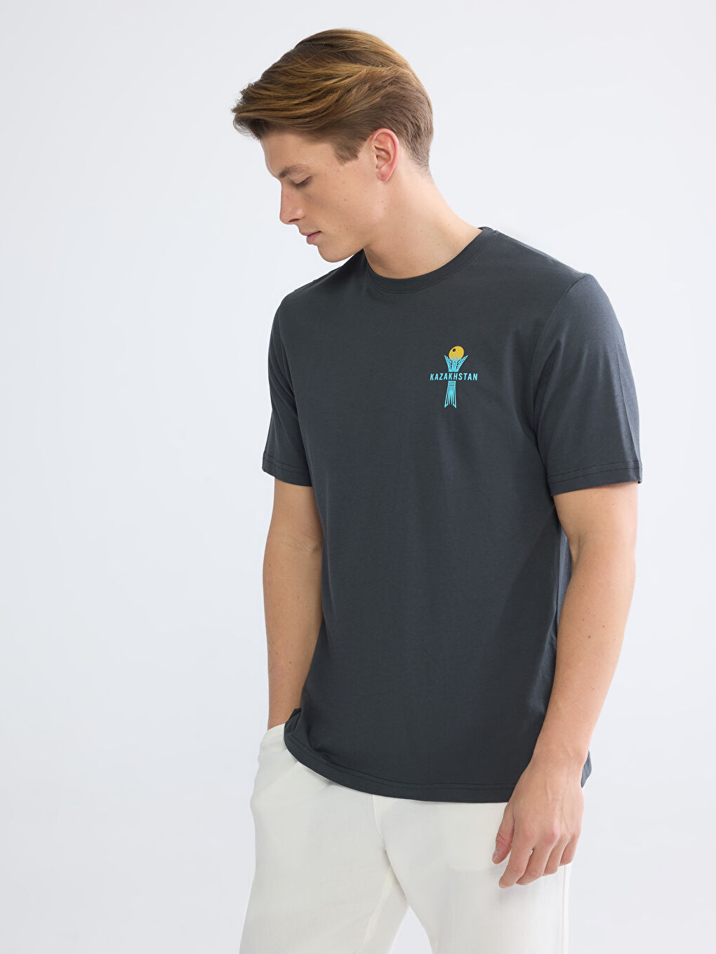 Antrasit Bisiklet Yaka Baskılı Penye Erkek Tişört