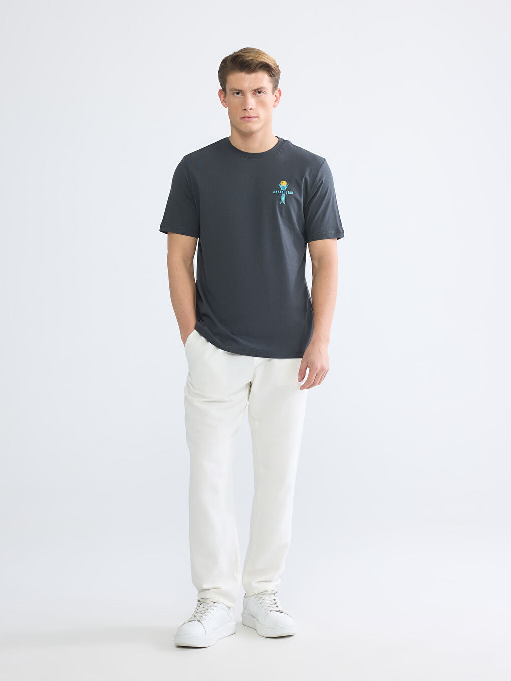 Antrasit Bisiklet Yaka Baskılı Penye Erkek Tişört-1