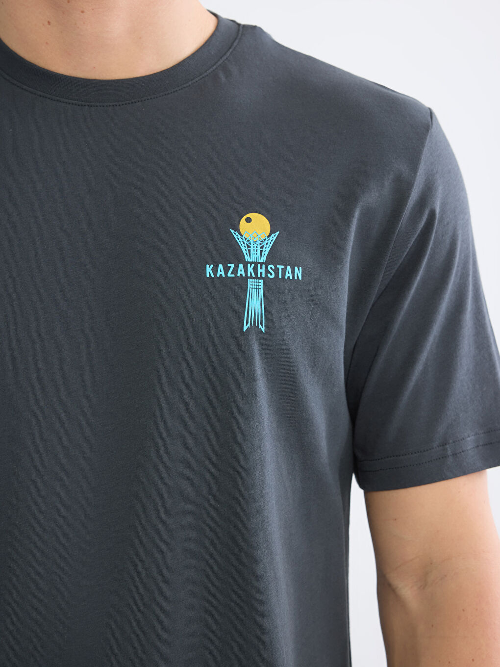 Antrasit Bisiklet Yaka Baskılı Penye Erkek Tişört-2