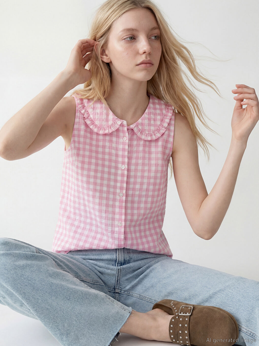 Frilled Peter Pan Collar Plaid Poplin Women's Shirt