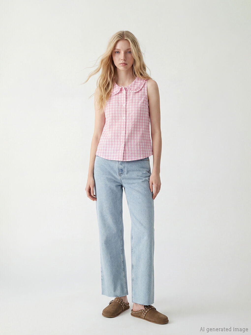 Frilled Peter Pan Collar Plaid Poplin Women's Shirt-1