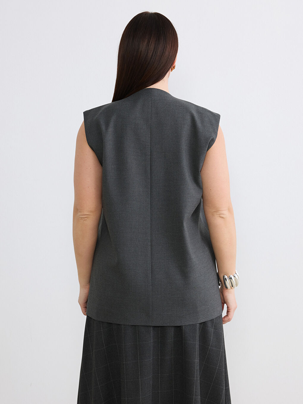Antrasit V Yaka Kadın Klasik Yelek-7
