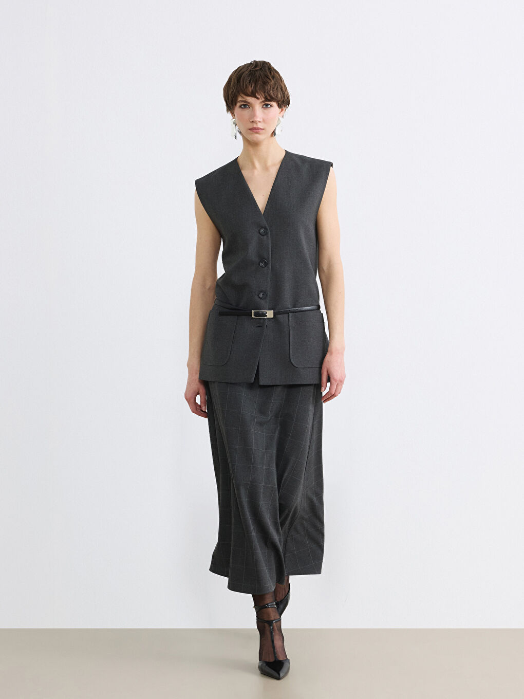 Antrasit Beli Fermuarlı A Kesim Ekose Etek