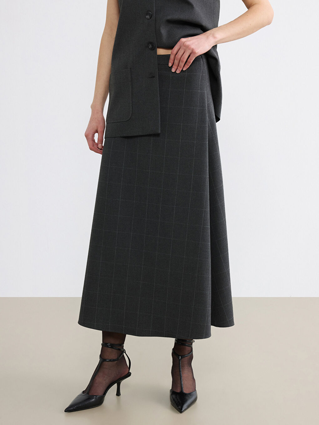 Antrasit Beli Fermuarlı A Kesim Ekose Etek-1