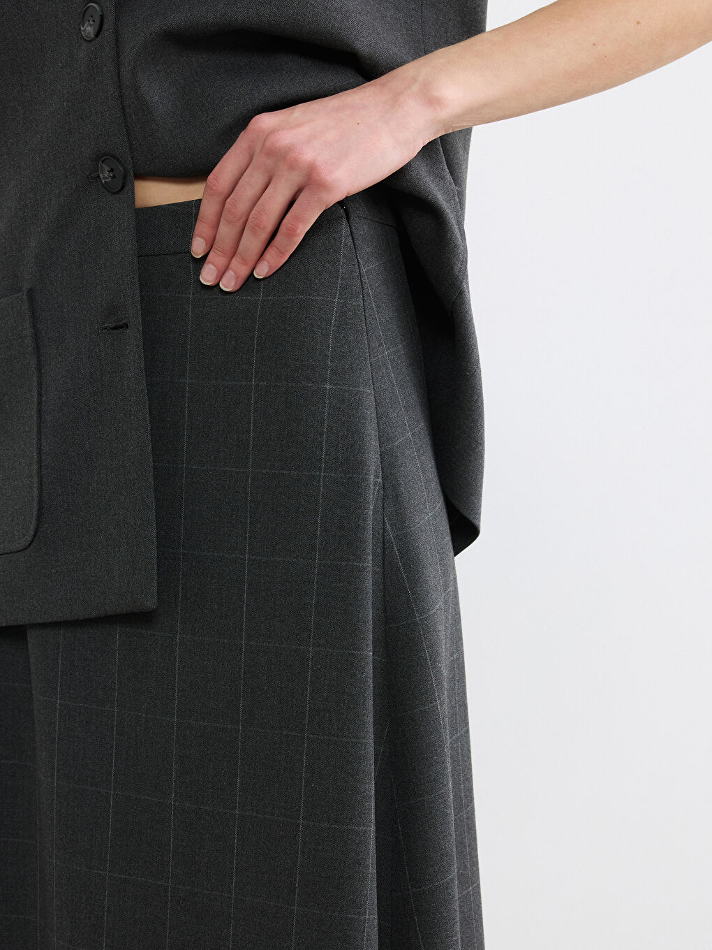 Antrasit Beli Fermuarlı A Kesim Ekose Etek-2