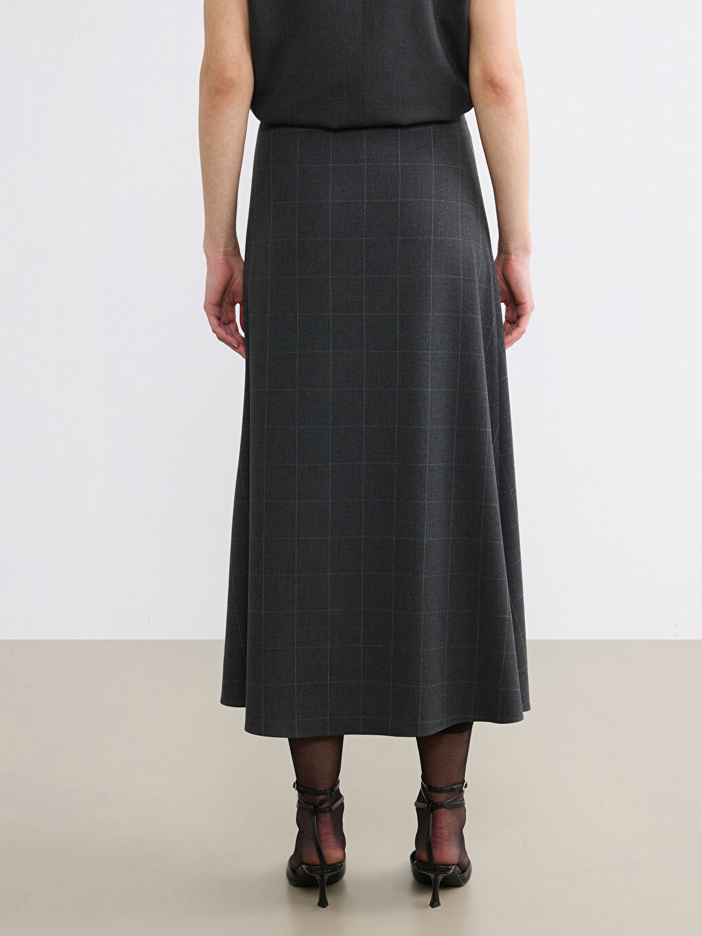 Antrasit Beli Fermuarlı A Kesim Ekose Etek-3