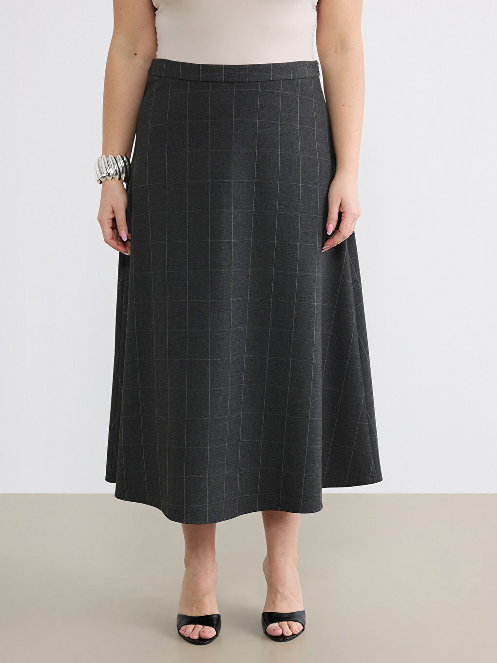 Antrasit Beli Fermuarlı A Kesim Ekose Etek-5