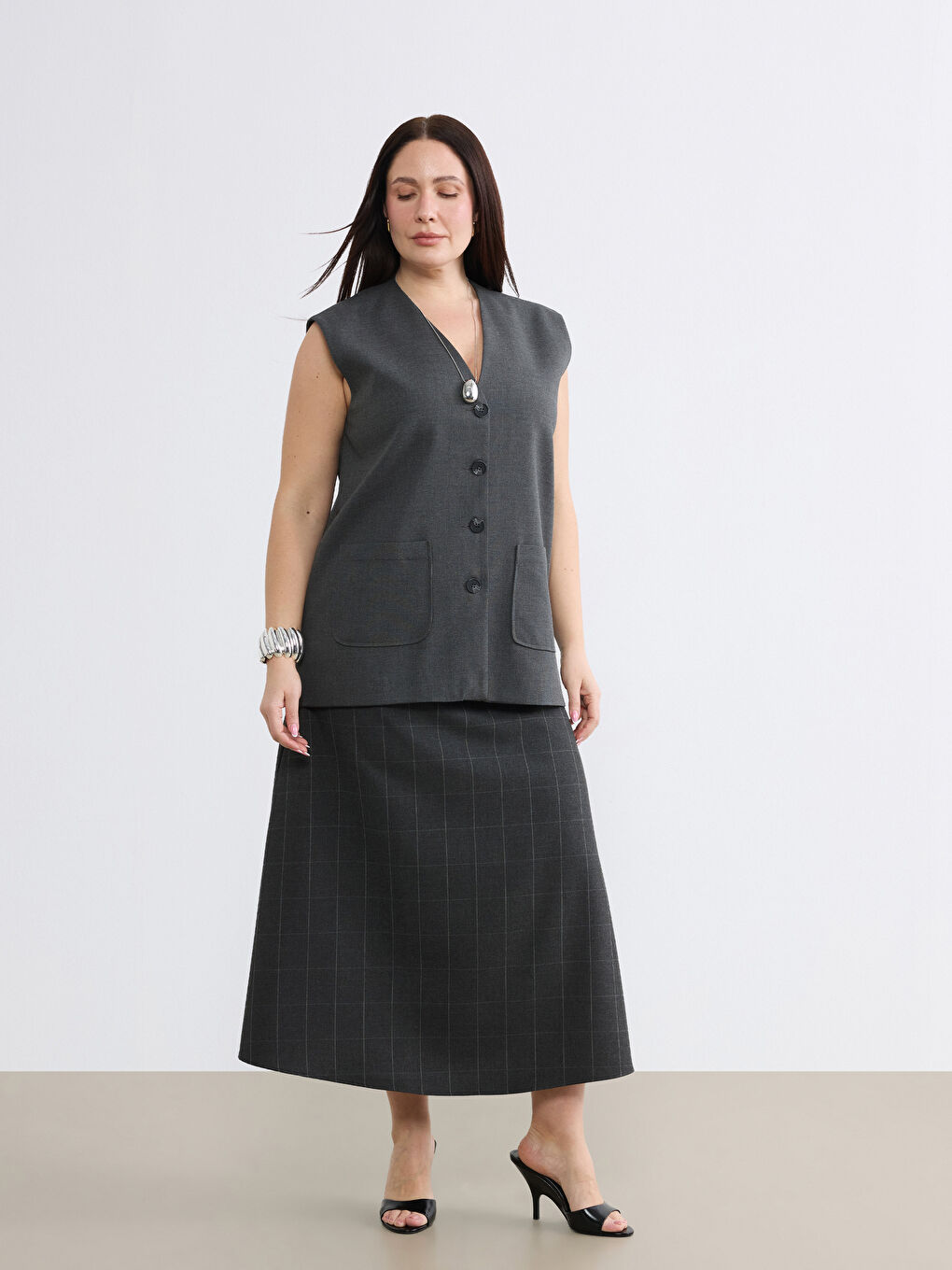 Antrasit Beli Fermuarlı A Kesim Ekose Etek-6